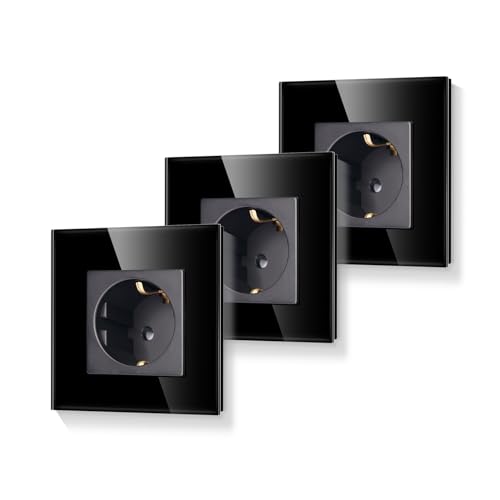 LIAONFOY Schuko Einzelsteckdose mit Glasrahmen Unterputz Steckdose Schwarz Farbe Wandsteckdose 86mm 3 Stück von LIAONFOY