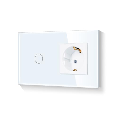 LIAONFOY Steckdose mit 1 Fach 1 Weg Normaler Touch Lichtschalter Weiße Farbe mit Glasrahmen 300 W/Fach 157mm Länge von LIAONFOY