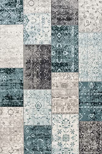 LIFA LIVING 80 x 150 cm Vintage Teppich für Wohnzimmer und Schlafzimmer, Wohnzimmerteppich mit Muster Patchwork, Blau Grau, aus weicher Wolle von LIFA LIVING