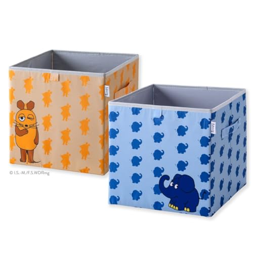 LIFENEY meets Die Maus 2x Aufbewahrungsbox mit Streuprint – Boxen im 2er Set mit der kultigen Maus und dem beliebten Elefanten – 30 x 30 x 30 cm passend für klassische Würfelregale von LIFENEY