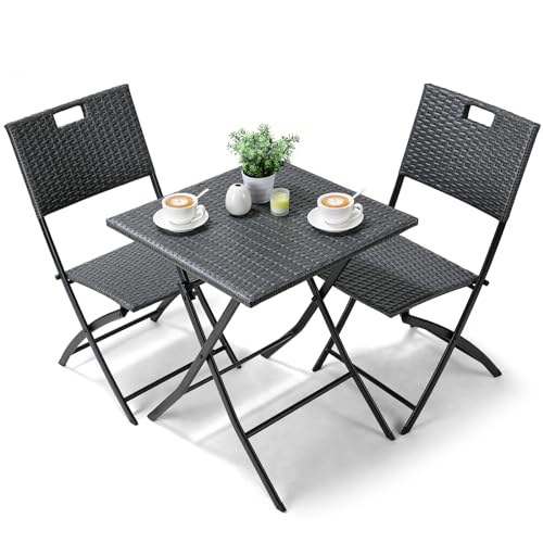 Bistro Gartenmöbel Set 3-teilige, Balkonmöbel Rattan Set, Balkonmöbel Set Bistro, 1 Klapptische und 2 Stühle, Grau Balkon Set, Balkonmöbel Klappbar, Rattan-Sitzgruppe für Balkon, Terrasse und Garten von LIFERUN