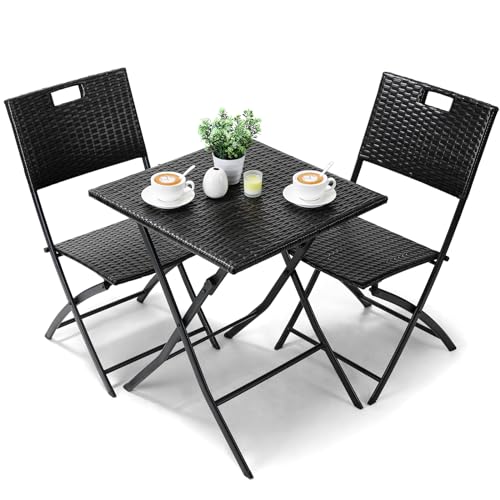 LIFERUN Balkonmöbel Set Bistro, Balkonmöbel Rattan Set, Bistro Gartenmöbel Set 3-teilige, Klappbar Balkontisch mit 2 Stühle, Schwarze Balkon Set, Balkonmöbel Klappbar, Rattan-Sitzgruppe von LIFERUN