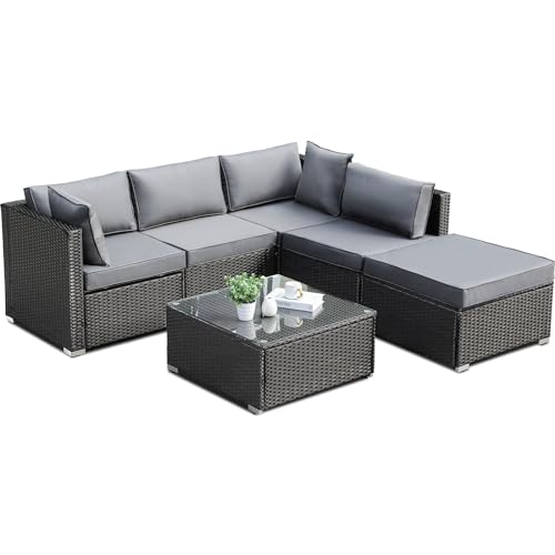 LIFERUN Polyrattan Gartenmöbel Set 6-teilig, Wetterfest Balkonmöbel Set bis 6 Personen, Außen Terrassenmöbel inkl. Rattansessel Couchtisch, Lounge Set Sitzgruppe für Garten Terrasse Balkon,Schwarz von LIFERUN