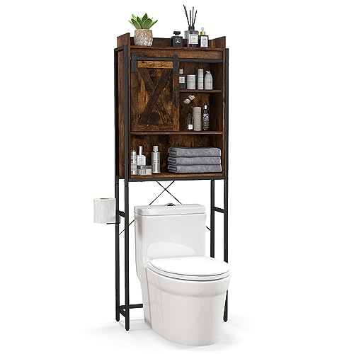 LIFEZEAL Badezimmerschrank über Toilette, Bodenschrank mit 3 Ablagen und Tür, Regal über WC, 64 x 24 x 172 cm (Kaffee) von LIFEZEAL