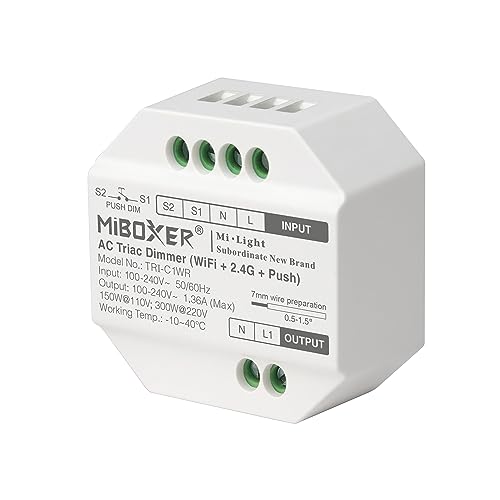 LIGHTEU®, Milight Miboxer Smart AC Triac Dimmer (WiFi+2,4G+Push), unterstützt Tuya Smart Alexa und Google Home-Sprachsteuerung, 2,4-GHz-Fernbedienung Push-Dimmen, TRI-C1WR von lighteu
