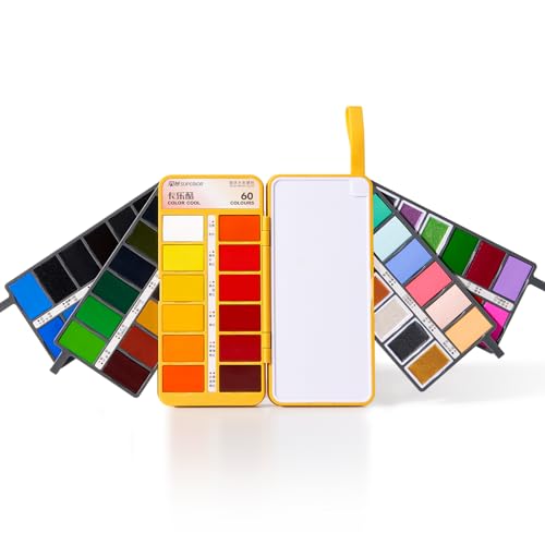 LIGHTWISH Aquarellfarben-Set,60 Farben,darunter 9 Metallic-Farben und 9 Macaron-Farben, tragbares Reise-Aquarellfarben-Set mit einem Aquarellpinsel von LIGHTWISH