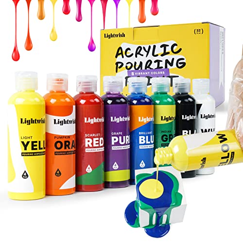 LIGHTWISH Pouring Acrylfarben Set, 8 klassische Farben, 118 ml Flaschen, vorgemischte und hochfließende Acrylfarbe, kein Mischen erforderlich, Wasserbasis von LIGHTWISH