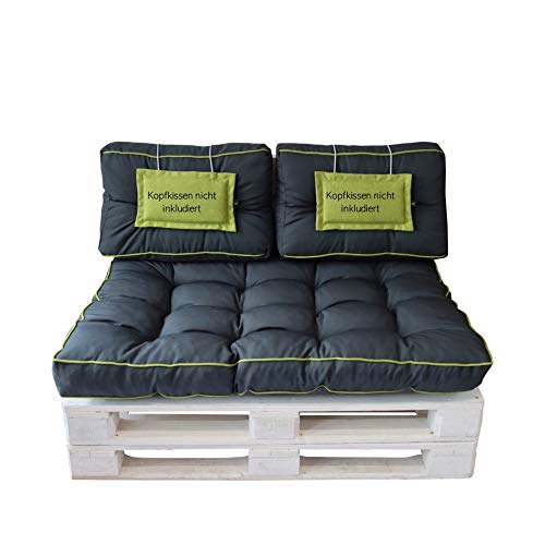 LILENO HOME Palettenkissen Set Anthrazit u. Grün - Set 2: (1x Sitzteil + 2X Rückenteil klein) - Polster für Europaletten - Palettenkissen Outdoor als Sitzkissen für Palettenmöbel von LILENO HOME