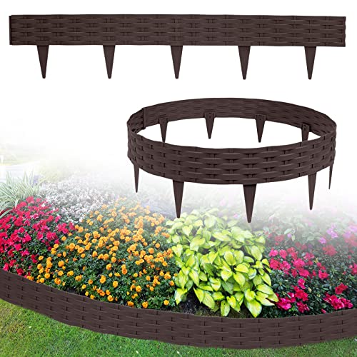 LILIIN 10m Rasenkante Kunstoff Beeteinfassung Gartenpalisade in Rattan-Optik, Beetumrandung Mähkante Randsteine Garten Dekorativ Border Blumenbeet Gartenpalisade, Braun von LILIIN