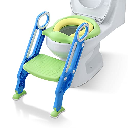 LILIIN Kinder Toilettensitz mit Treppe, Toilettentrainer Klappbar Höhenverstellbar Töpfchen Lerntöpfchen & Rutschfest Pedal mit PU Gepolstert, für Kleinkinder, Blau und Grün von LILIIN