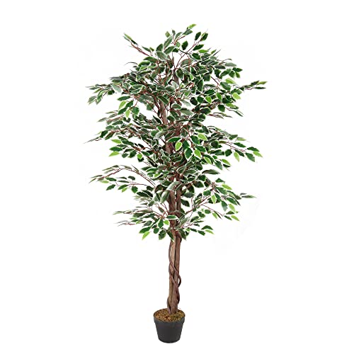Künstliche Pflanze Ficus Holzstamm Blatt aus Stoff Blumentopf Kunststoff schwarz Dekobaum (160cm 1008 Blätter) von LINDER EXCLUSIV
