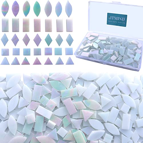 LITMIND 200 Stück schillernde Glasmosaikfliesen zum Basteln, 5 Formen gemischte Buntglas-Zubehör (schillerndes Weiß) von LITMIND