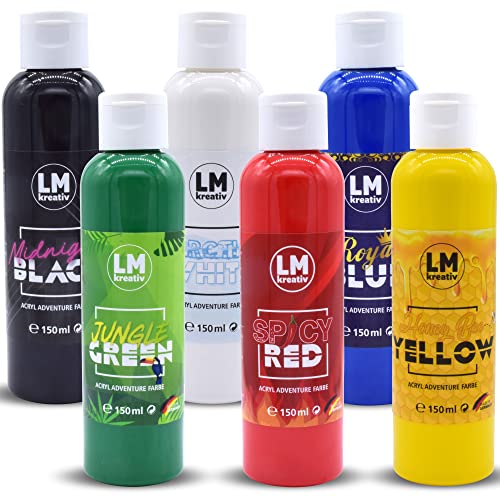 LM Acrylfarbe (6er Set - Colorful Life XL) 4 x 150 ml Acryl-Farbe auf Wasserbasis - Hochpigmentiert, Künster-Acryl, Ideal für Keilrahmen, Papier, Pappe, Beton, Holz und Stein von LM-Kreativ