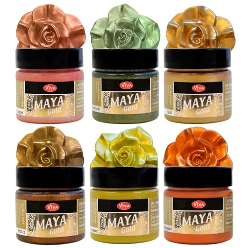 Maya Gold 6er Set (Indian Summer) - Viva Decor Metallic Effektfarbe, Metallglanz, Effekt Farbe Metall, Bastelfarbe, Dekofarbe von LM-Kreativ