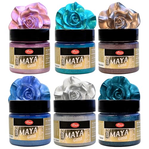 Maya Gold 6er Set (Sea Breeze) - Viva Decor Metallic Effektfarbe, Metallglanz, Effekt Farbe Metall, Bastelfarbe, Dekofarbe von LM-Kreativ