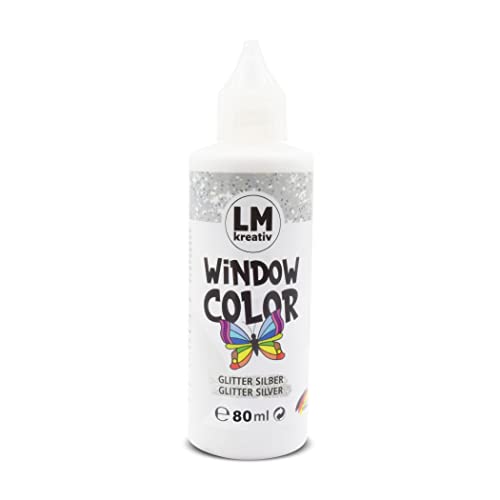 LM Window Color 80ml - Silber Glitter - Fenster-Farben zum Basteln & Malen. Für wieder abziehbare Deko Fensterbilder im Kinderzimmer, auf Flaschen, Spiegel oder Fliesen Fensterfarben Lösemittelfrei von LM-Kreativ