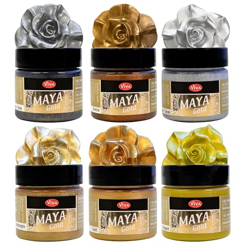 Maya Gold 6er Set (Glamour) - Viva Decor Metallic Effektfarbe, Metallglanz, Effekt Farbe Metall, Bastelfarbe, Dekofarbe von LM-Kreativ