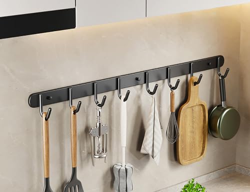 LNGFSH 2 Stücke Hakenleiste Küchenleiste Edelstahl selbstklebend Küche Hängeleiste Stange für Küchenutensilien Küchenhalterung ohne Bohren bewegliche Haken Modernes Design Matt (Schwarz,60cm) von LNGFSH