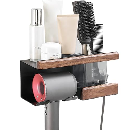 LNGFSH Föhnhalter Wand Ohne Bohren, Wandmontage Aluminium Föhn Halterung mit Steckerhalter & Aufbewahrung, Selbstklebend Fönhalter Holz für Bad Barbershop Hotel (25cm,Schwarz) von LNGFSH