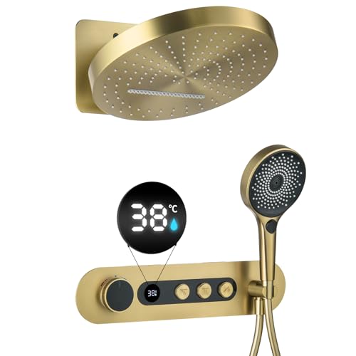 LNXGJJ Duschsystem mit Thermostat, Gebürstetes Gold Digitaler Bildschirm Duscharmatur Unterputz 2 Fonctions Regendusche Set Wandmontiert Duschset mit Duschkopf, Handbrause von LNXGJJ