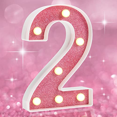 Festzelt-Zahlen-Lichter, glitzernd, rosa, beleuchtete Zahlen für Party, batteriebetrieben, glänzend, beleuchtete LED-Zahlenschilder für Geburtstagsgeschenk, Hochzeit, Zuhause, Dekoration, rosa Zahl 2 von LOBOOM