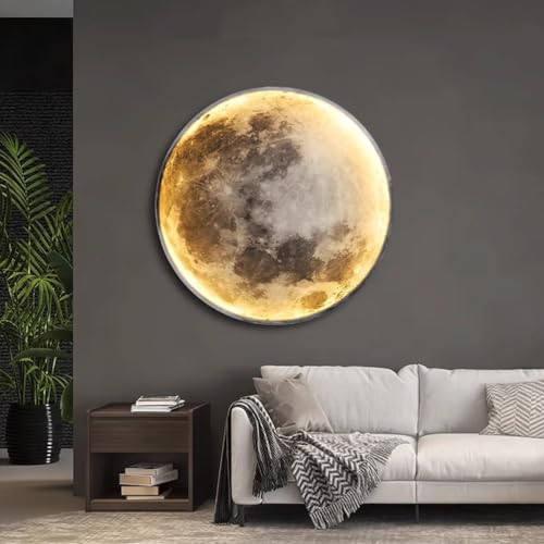 80cm Mond Wandlampe Wohnzimmer Lampe, 45W LED Dimmbar Wandleuchte Modern Innen Designerlampe Art Deco Flur-Lampe Metall und Acryl Wandbeleuchtung mit Fernbedienung Deko Lampe groß Rund Deckenleuchte von LOGT