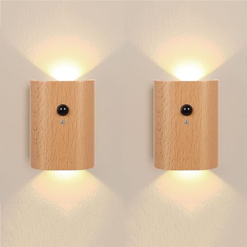 Holz Akku Wandleuchte mit Bewegungsmelder Innen LED Kabellose Wandlampe USB Aufladbar Wand Nachtlicht Up Down Sensor Wandbeleuchtung 3000K Warmeslicht Magnetische Flurlampe Treppenlampe,2 Stück,A von LOGT