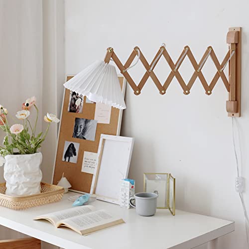 LOGT Wandlampe Innen Holz Vintage Mit Schalter Und Stecker E27 Ausziehbare Wandleuchte Mit Kabel 2.5M Scherenlampe Retro Wandleselampen Verstellbar Schlafzimmer Nachttischlampe Mit Stoffschirm von LOGT