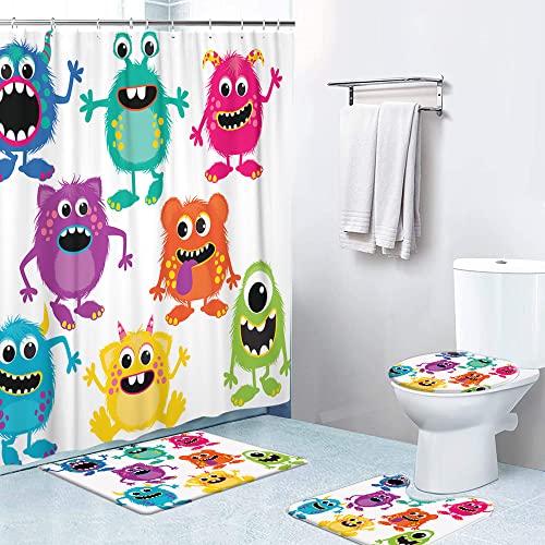 LOKMU 4-teiliges Duschvorhang-Set mit rutschfesten Teppichen, WC-Deckelbezug und Badematte, Cartoon-Flauschige Monster, niedliches kleines Kind, Badezimmer-Dekor-Sets, 182.9x182.9 cm von LOKMU