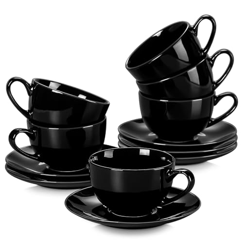 LOVECASA Kaffeeservice porzellan, SWEET 12-teilige Kaffeetassen mit Untertassen, Cappuccino Tassen für 6 Personen, 230 ml, schwarz Farbe von LOVECASA