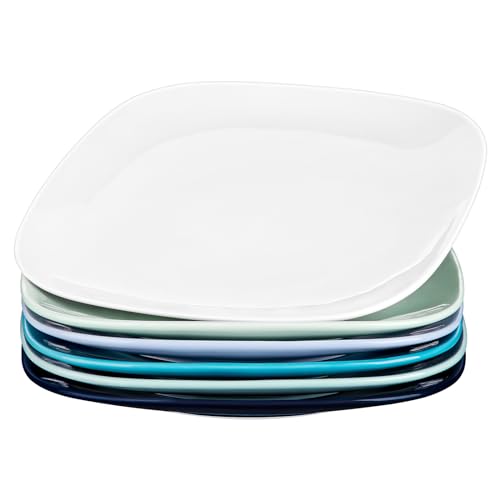 LOVECASA Speiseteller Set Porzellan, 6er Set Essteller, quadratisch mit abgerundeten Ecken Form, Tafelservice porzellan, Flachteller, Frühstücksteller 25,3 x 25,3 x H 2,5 cm, Blaue Serie von LOVECASA