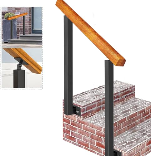LQSYBHD Handlauf Aus Holz für Außentreppen und 2 Schmiedeeiserne Pfosten, Treppenhandläufe für 1–3 Stufen, Stufen-Eingangs-Treppengeländer, Sicher(Size:wooden handrail 2.6ft/80cm,Color:H 85cm/33.5in) von LQSYBHD