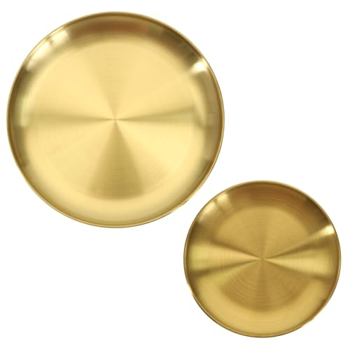 LT Easiyl 2 Stück Gold Tablett Rund Ablagetablett Edelstahl Rundes Tablett Golden Kreis Dekorative Platte für Wohnzimmer Badezimmer Hotels Restaurants von LT Easiyl