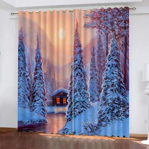 LUDSOL 3D Weißer Wald Muster Vorhänge Schneehütte 2er Set Verdunklungsvorhang 245×140cm(HxB) 2 Paneele Lärmschutz Thermogardine für Wohnzimmer Schlafzimmer Fensterdekoration von LUDSOL