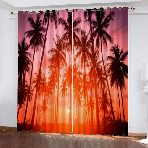 LUDSOL Palmenpflanze Verdunkelung Kälteschutz Thermo Blickdichte Vorhang, Roter Sonnenuntergang 3D Gedruckt Vorhänge für Wohnzimmer Schlafzimmer Fenster 175x140cm(HöhexBreite) 2er Set von LUDSOL