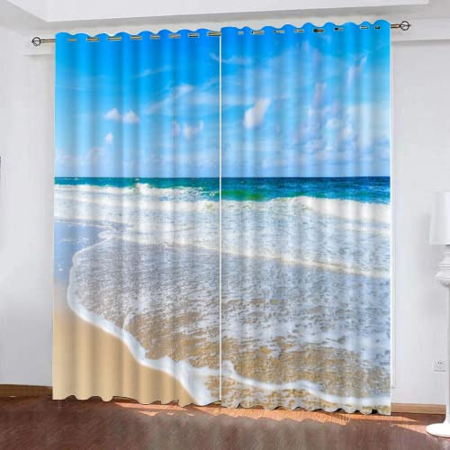 LUDSOL Schaumspray Verdunkelung mit Ösen Vorhänge, Strand Blauer Himmel 3D Gedruckt gardinen 138×117 cm (H×B) Modern für Dekoration Kinderzimmer Wohnzimmer Schlafzimmer 2er-Set von LUDSOL