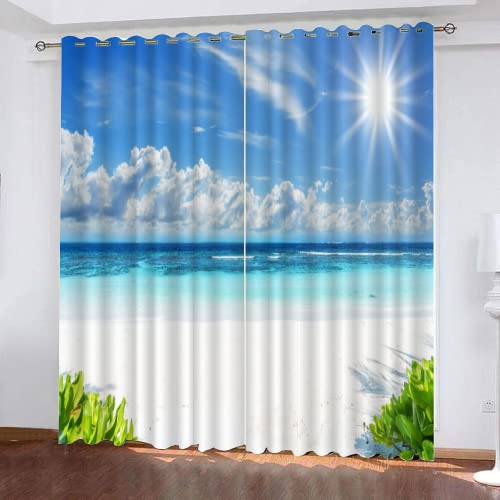 LUDSOL Sonne Ozean Verdunkelung mit Ösen Vorhänge, Strand Mit Blauem Himmel 3D Gedruckt gardinen 225×140 cm (H×B) Modern für Dekoration Kinderzimmer Wohnzimmer Schlafzimmer 2er-Set von LUDSOL