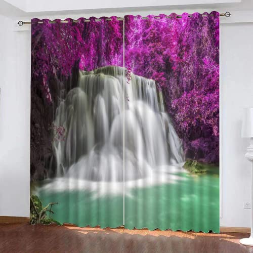 LUDSOL Wasserfall Verdunkelung Kälteschutz Thermo Blickdichte Vorhang, Lila Blattwald 3D Gedruckt Vorhänge für Wohnzimmer Schlafzimmer Fenster 175x140cm(HöhexBreite) 2er Set von LUDSOL