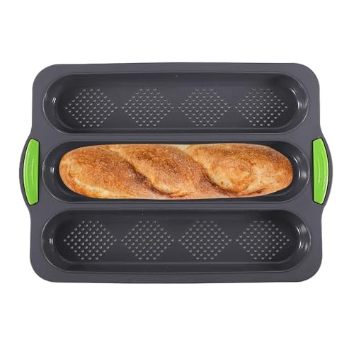 LUFEIS Baguette Backform, Baguette Backblech, Silikon-Backform, Brotbackform, Silikonform Brotbackform, Antihaftbeschichtung Brot Backen Backform Hot Dog-Brötchen/Baguetteform für 3 Baguettes,Grau von LUFEIS