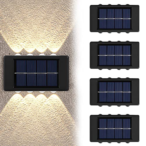 LUFEIS Solar LED Wandleuchte, 4 Stück Wandleuchte Solar Außen, Solar LED Wandleuchte Up & Down Light Dekorative, 8 LEDs Wandleuchte Aussen, LED-Stufenlichter für Garten, Hof, Terrasse, Warmweiß von LUFEIS
