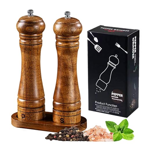 Salz- und Pfeffermühlen-Set, 3 Stück, Salzmühle aus massivem Holz (22 cm), mit verstellbarem Keramikrotor und hölzernem Standtablett von LUHEVIDIA