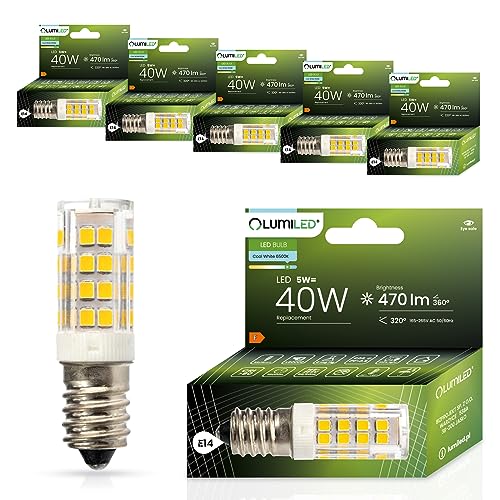 LUMILED LED Lampen E14 T25 6er Set Leuchtmittel 5W (ersetzt 40W Glühlampe) 6500K Kaltweiß 470lm 320° Lichtwinkel 230V Kühlschranklampe Glühbirne Halogenlampe Kühlschrank Backofen Haube von LUMILED