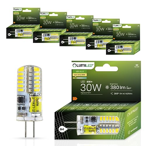 LUMILED LED Lampen G4 6er Set Leuchtmittel 4W (ersetzt 30W Glühlampe) 3000K Warmweiß 380lm 360° Lichtwinkel 12V AC/DC Mini Glühbirnen kleine Birne Energiesparende kein Flackern SMD von LUMILED