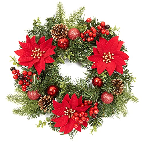 40 cm Weihnachtskranz, künstlicher Kranz für die Haustür, Tannennadelkranz mit Weihnachtskugeln, Tannenzapfen, Beeren – Rot von LUNSY
