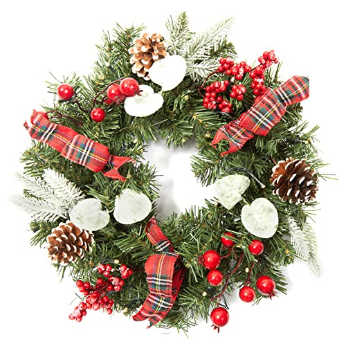 45 cm großer Weihnachtskranz mit Lichtern, 15 LEDs, künstlicher Kranz für die Haustür, Tannennadelkranz mit Weihnachtskugeln, Tannenzapfen, Beeren – Wald von LUNSY