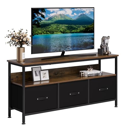 LUNSY Fernsehschrank TV-Kommode aus Holz mit Schubladen und Regalen für Fernseher bis zu 55 Zoll, für Wohnzimmer, Esszimmer und Schlafzimmer, 120x57x30 cm, Stilvolle in Vintage-Braun-Schwarz von LUNSY