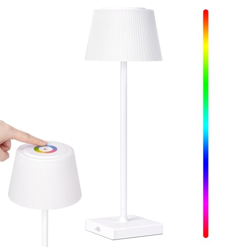 LUNSY LED Dimmbare Akku Tischlampe Kabellose, Touch Dimmbar Tischleuchte RGB+CCT 8 Farben USB-C Wiederaufladbar Wasserdichte für Garten Esstisch Schlafzimmer Balkon Hotel Bar Restaurant (Weiß) von LUNSY