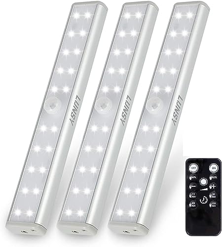 LUNSY Schrankleuchten Schrankbeleuchtung dimmbare 3 Stück 20LED 6000K Unterbauleuchte mit Fernbedienung & USB-wiederaufladbare Schrankleuchte für Küche, Garderobe, Schrank von LUNSY