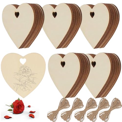 50 Stück Herzform kleine Holzanhänger mit 5 Wurzel 20cm langes bindfaden, handgefertigte DIY Holzanhänger mit Löchern, Kann zum Dekorieren von Valentinstag, Geburtstagen, Hochzeiten verwendet werden von LUPATDY