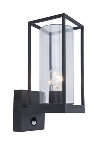 LUTEC Außenwandleuchte Flair mit Bewegunsmelder,moderne Wandlampe aus Metall/Glas in Mattschwarz,1 flammige Außenlampe, eckige Wandleuchte mit E27-Fassung max. 60 Watt, Außenleuchte mit Lichteffekt von LUTEC